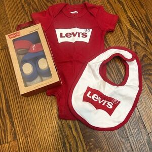 Levi's Red and White Baby Bib and Onesie Set